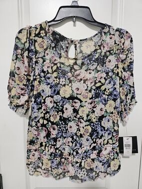 I.N. San Francisco Floral Peplum Blouse, Black, Size Medium, New w/Tags